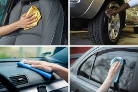 Car detailing collage showing various cleaning techniques